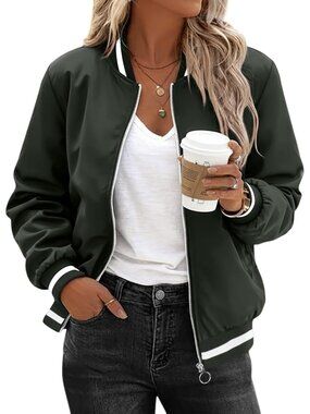 Women's Dark Green Polyester Zip Up Sweatshirt Long Sleeve Casual Bomber Jacket